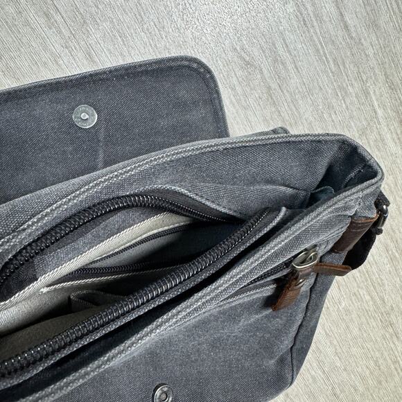 ACACIA Revolve Canvas Crossbody Bag Satchel Leather Accents Gray Zip Snap Close - Picture 3 of 7